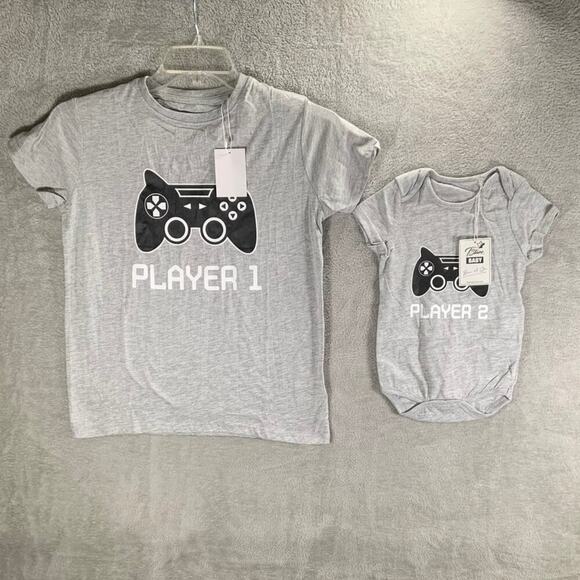 T Stars Shirts Kids Large And Baby 18 Months Set Player 1 Player 2 Gaming Twins - Picture 1 of 8